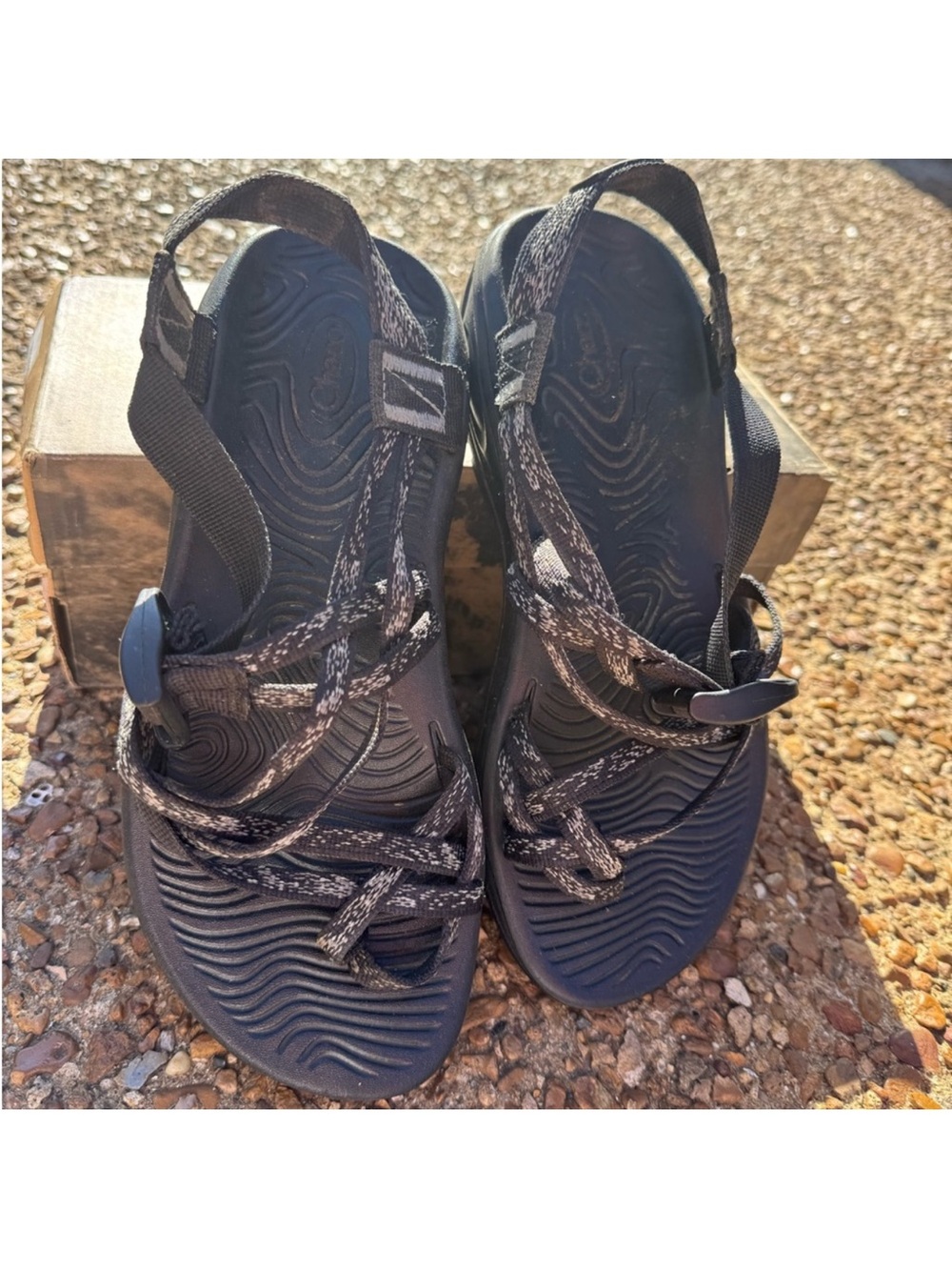 Chaco Black Strappy Outdoor Sandals with Patterned Webbing